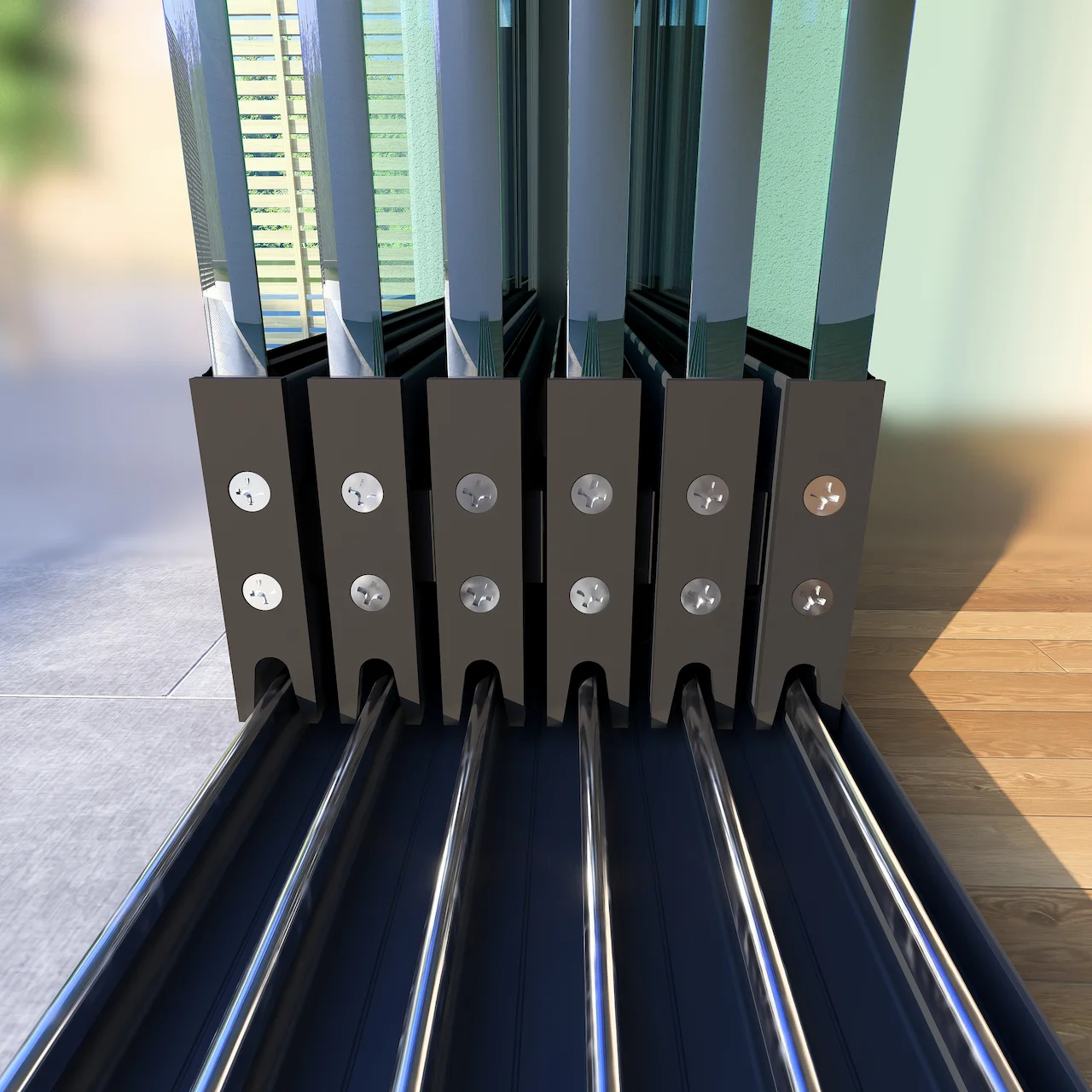 6 Rail Glazen Schuifwand Antraciet Closeup