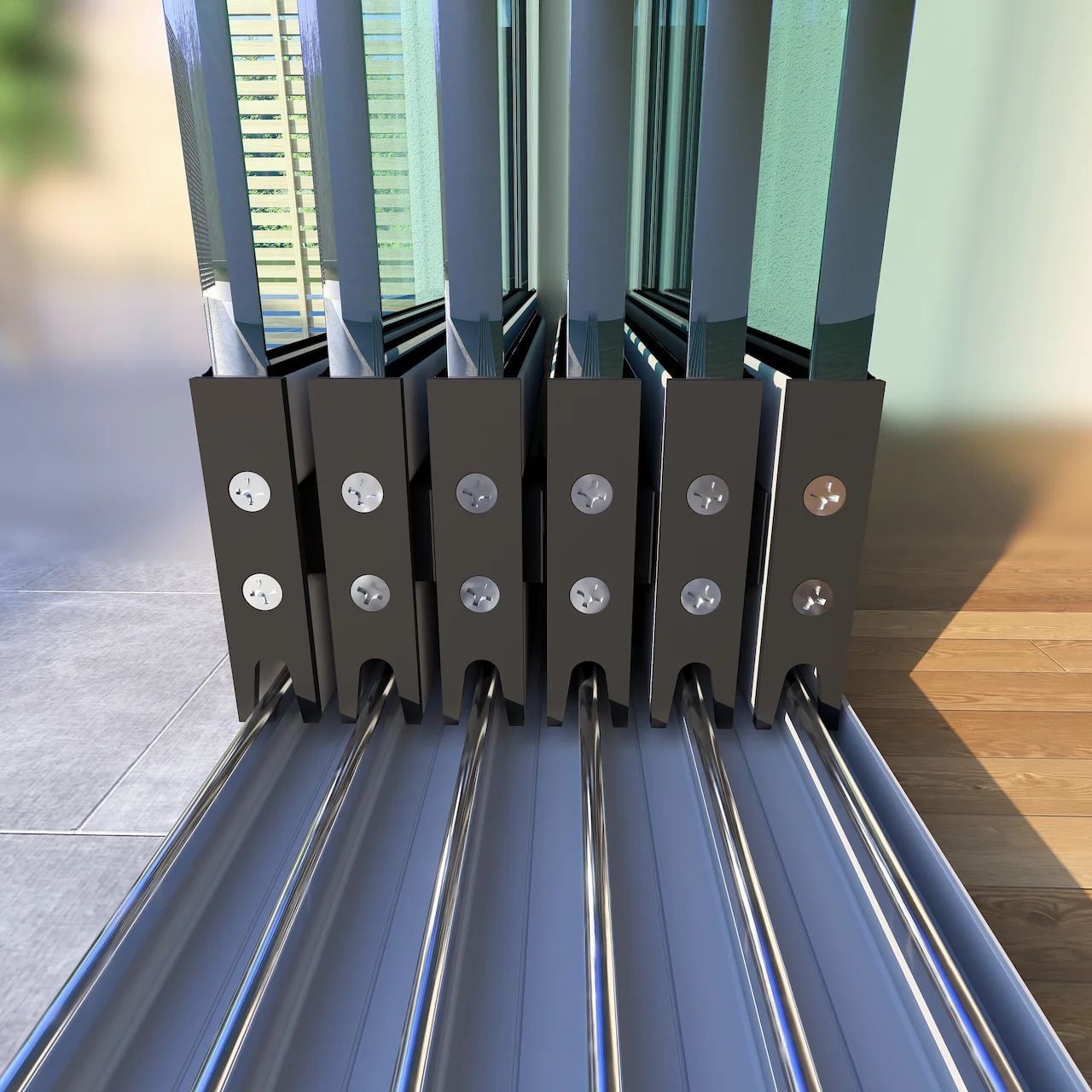 6 Rail Glazen Schuifwand Grijs Closeup