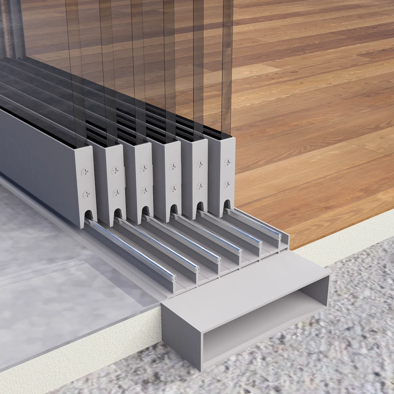 6 Rail Glazen Schuifwand Grijs