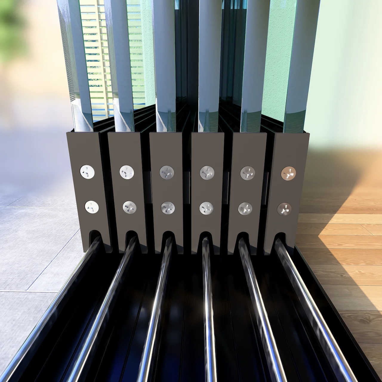 6 Rail Glazen Schuifwand Zwart Closeup