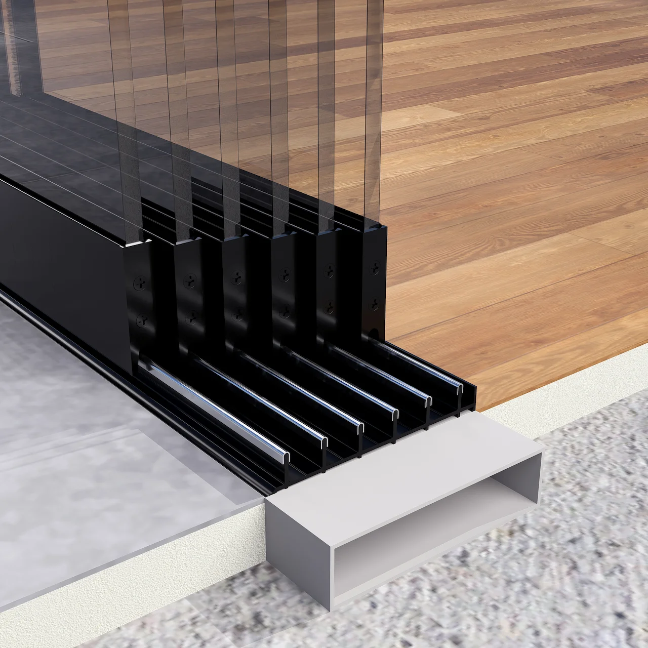 6 Rail Glazen Schuifwand Zwart
